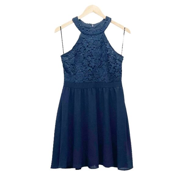 Lulus Lover's Game Navy Blue Lace Halter Neck Skater Dress Women’s Size Medium - Picture 2 of 13